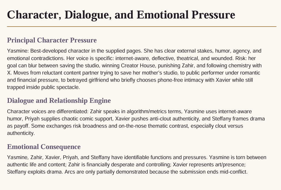 Sample PlotCandy Character, Dialogue, and Emotional Pressure report page