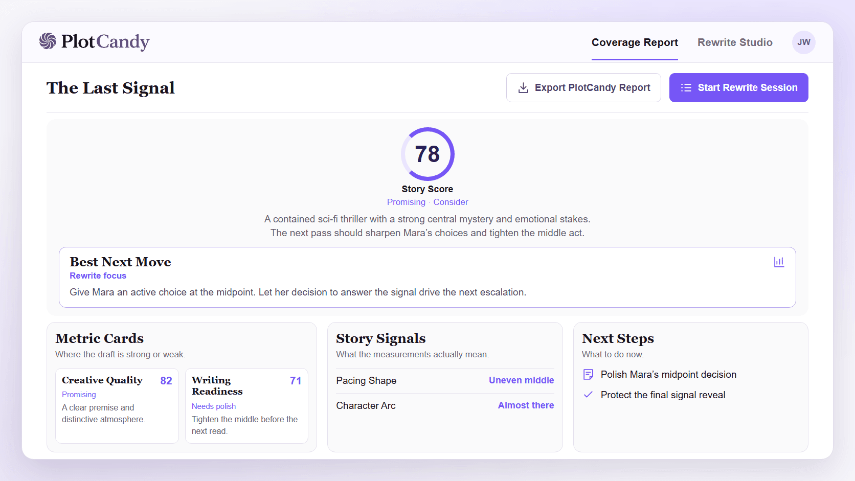 Illustrative PlotCandy Coverage Report showing a Story Score, Best Next Move, Metric Cards, Story Signals, and Next Steps for a fictional screenplay.