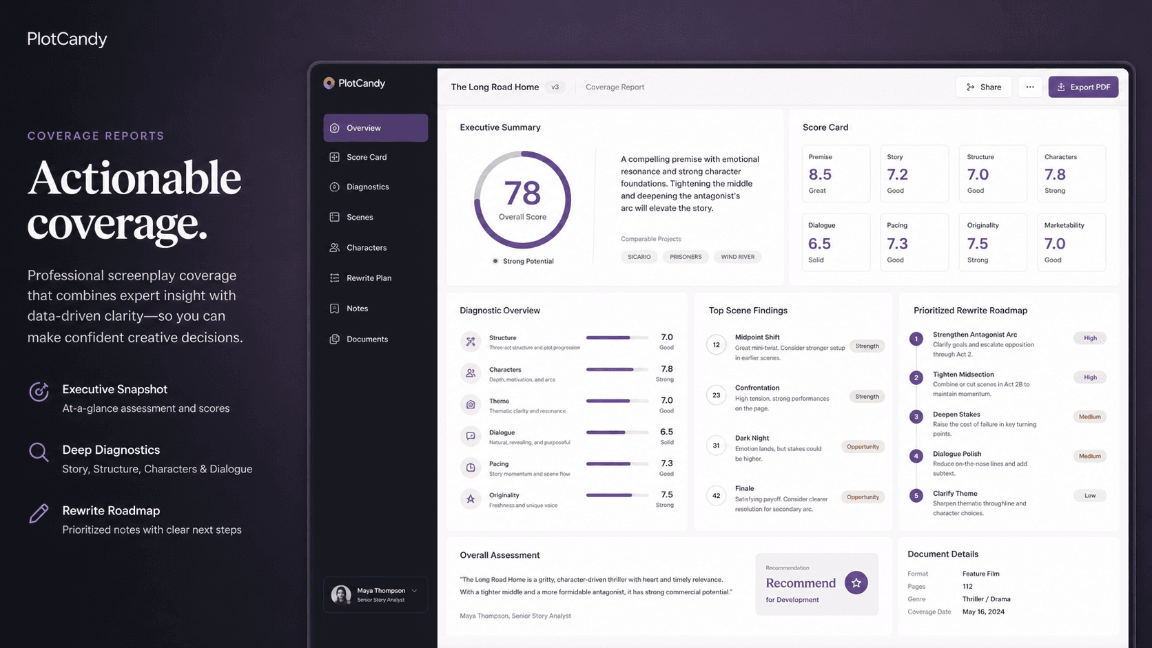 PlotCandy Coverage Report dashboard with scores, diagnostics, and rewrite priorities.
