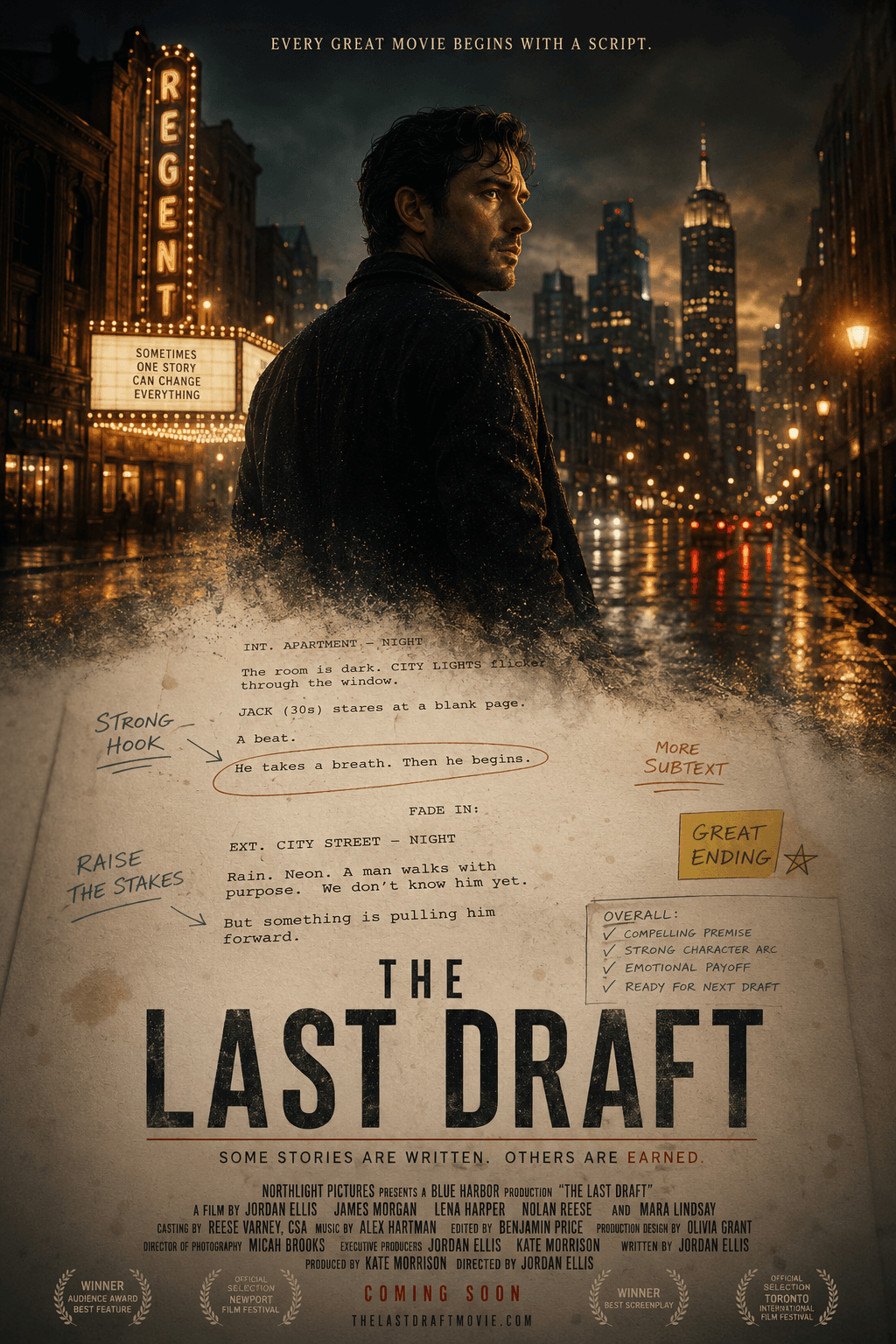 The Last Draft story poster with screenplay pages and annotated rewrite notes.