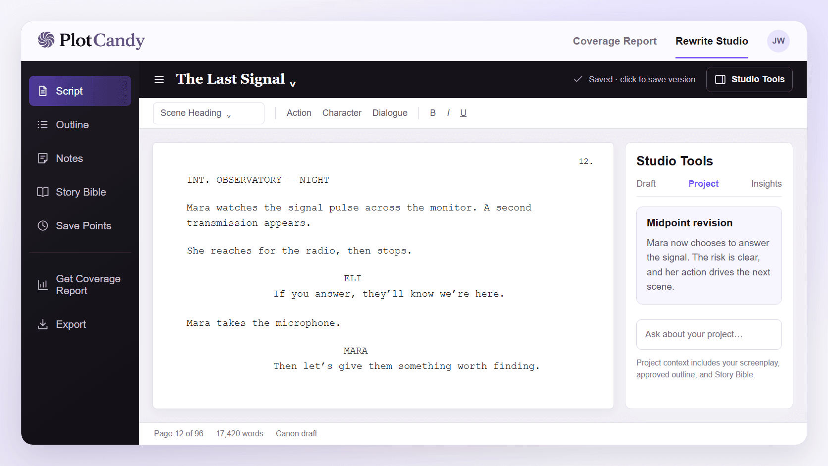 Illustrative PlotCandy Rewrite Studio showing a fictional screenplay, Script, Outline, Notes, Story Bible, Save Points, and project-aware Studio Tools.