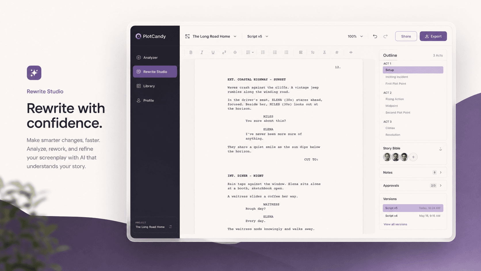 PlotCandy Rewrite Studio screenplay workspace with outline, Story Bible, notes, and versions.