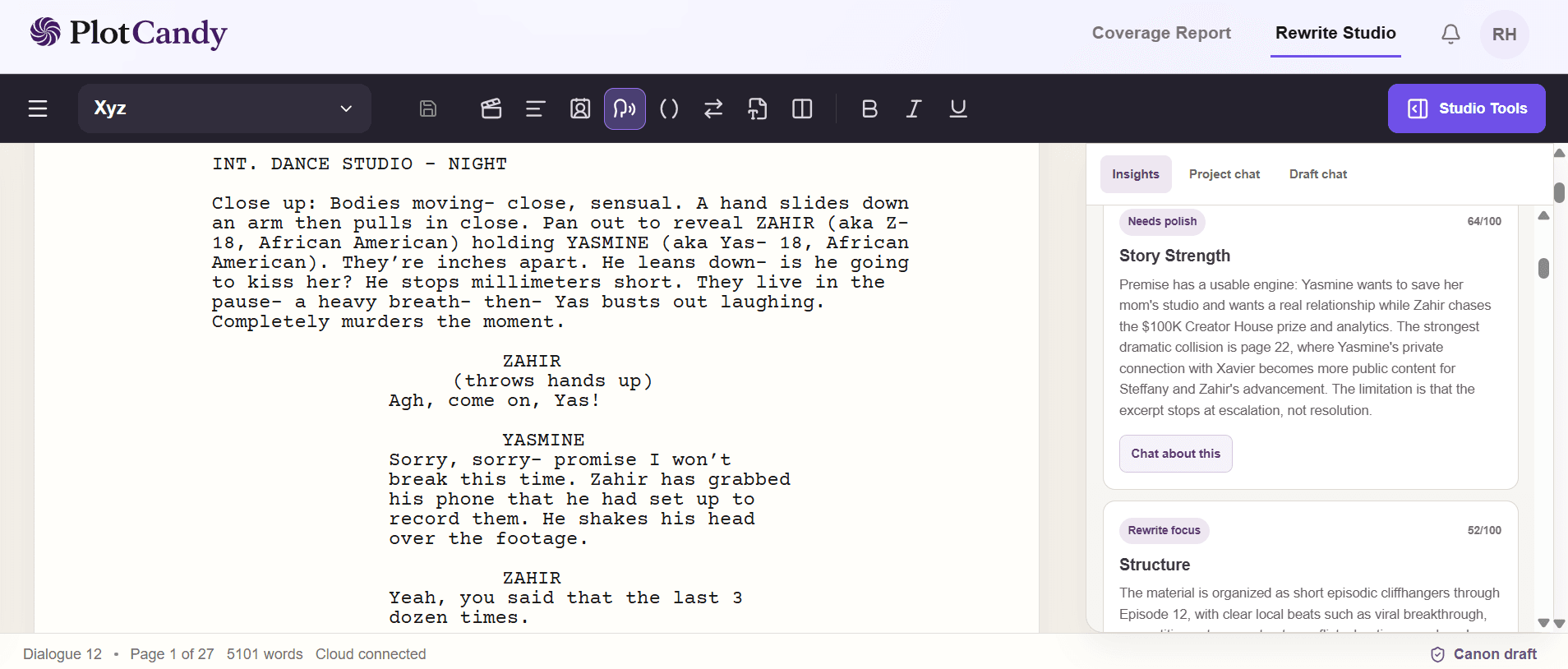 Rewrite Studio with Studio Tools insights open beside a screenplay.